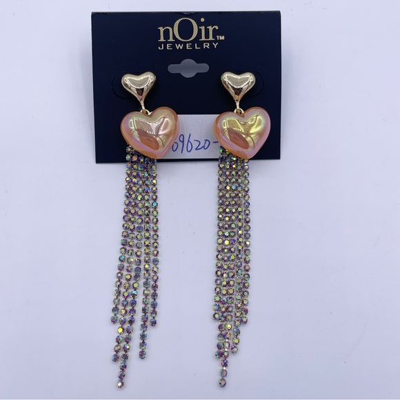 NOIR long tassel rhinestone heart shaped drop dangle earrings- New - Picture 3 of 10